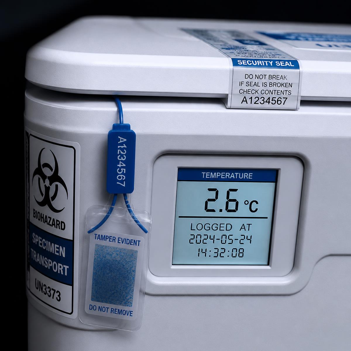 Sealed medical specimen cooler with digital temperature log and tamper-evident seal