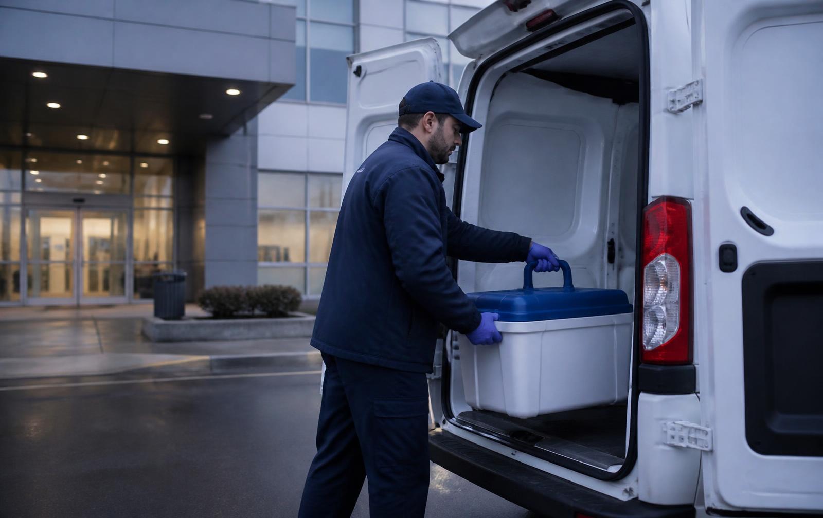 Clear Path Courier driver loading a sealed specimen cooler into a delivery van at a hospital entrance